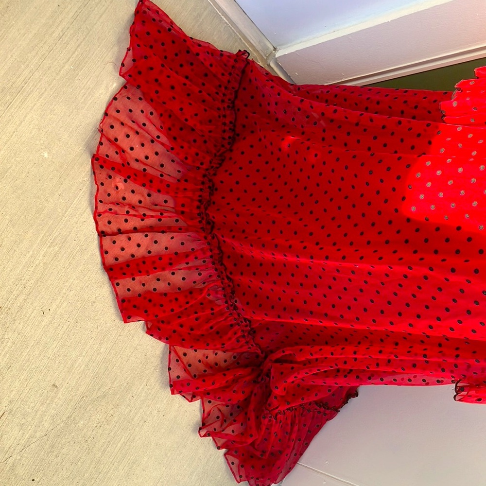 Vintage 60s 70s Red and Black Polka Dot Dress Flawed - Picture 2 of 10